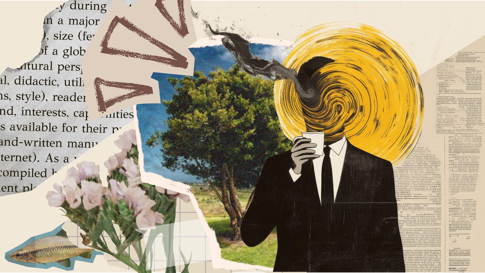 Collage: a man in a black suit sipping coffee, his head a swirl of yellow paint, beside a torn-out photo of a tree, flowers, a fish, and scraps of book pages