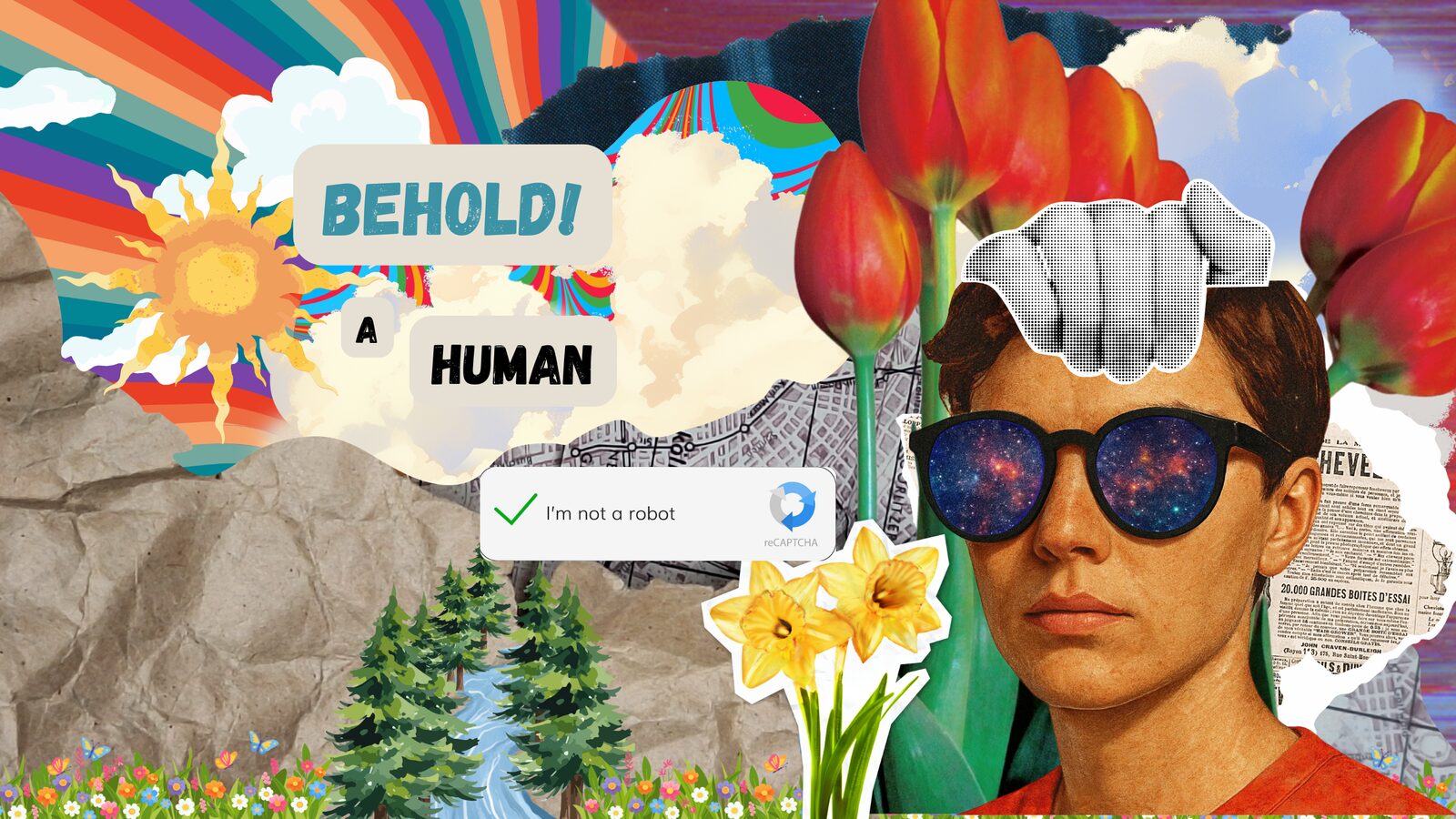 Collage: a young man in galaxy-lensed sunglasses among giant red tulips and daffodils, with a psychedelic rainbow sky, the words Behold! A Human, and an I'm-not-a-robot checkbox