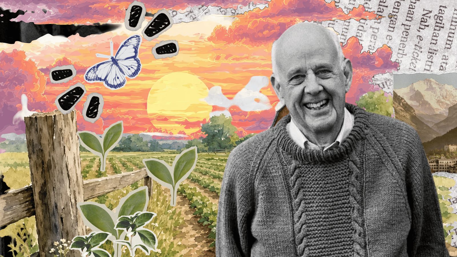 Collage: Wendell Berry smiling in a knit sweater, in front of a watercolor sunset over a farm field with a wooden fence, seedlings, a butterfly, Alpine mountains, and torn newspaper scraps